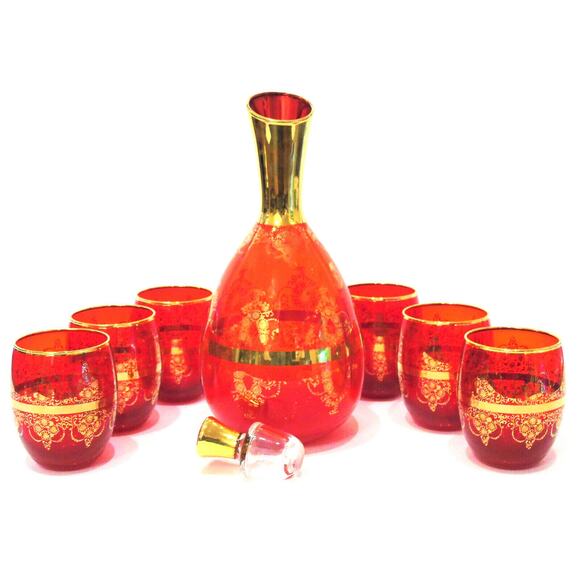VTG Ferro Lazzarini Italian MURANO GLASS 10" DECANTER SET 8PC Ruby Red 24k Gold - Picture 1 of 7